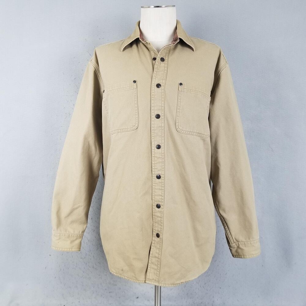 LL Bean Shirt Jacket Mens Large Khaki Brown Canvas Flannel Lined Heavy Workwear‎